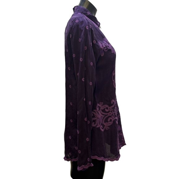 Johnny Was Embroidered Silk Blouse Wine XS Long Sleeve Button Front - Picture 3 of 7